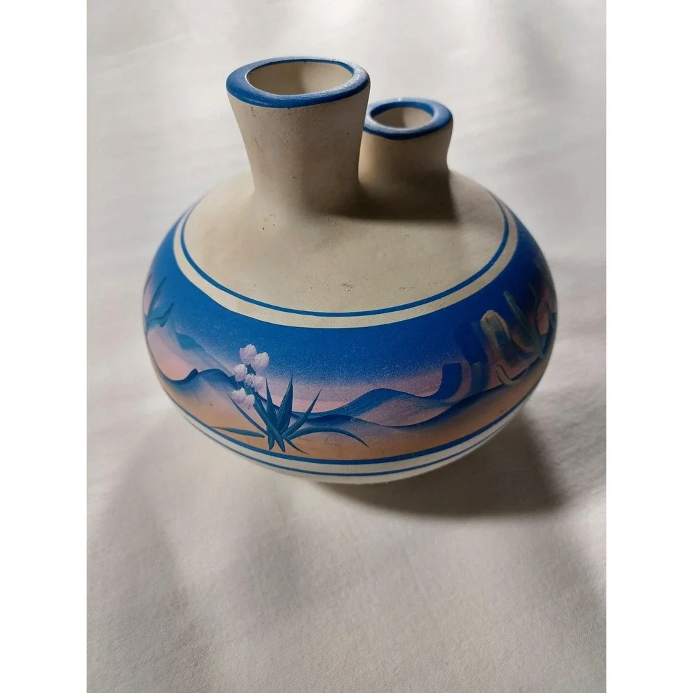 New West Pottery Hand Painted Double Spout Wedding Vase Southwest Blue Arizona - Picture 2 of 7
